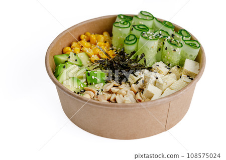 Vegan poke with tofu, avocado, corn, cucumber, peanuts, poke rice, aioli sauce on a white background 1 Vegan poke with tofu, avocado, corn, cucumber, peanuts, poke rice, aioli sauce on a white background 1 108575024