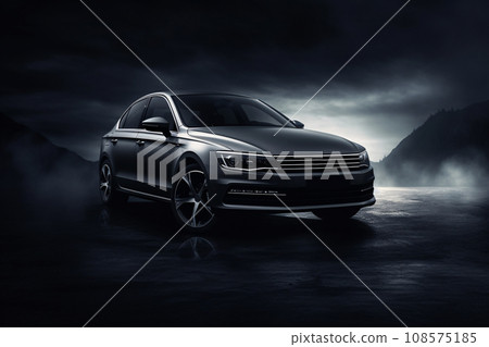 Luxury expensive car parked on dark background. Sport and modern luxury design gray car. Shiny clean lines and detailed front view of modern automotive. Automotive advertising banner. Generative AI. 108575185