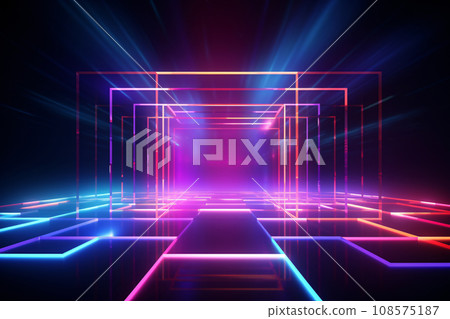 Abstract neon light geometric background. Glowing neon lines. Empty futuristic stage laser. Colorful rectangular laser lines. Square tunnel. Night club empty room. Laser show design. Generative AI. Abstract neon light geometric background. Glowing neon lines. Empty futuristic stage laser. Colorful rectangular laser lines. Square tunnel. Night club empty room. Laser show design. Generative AI. 108575187