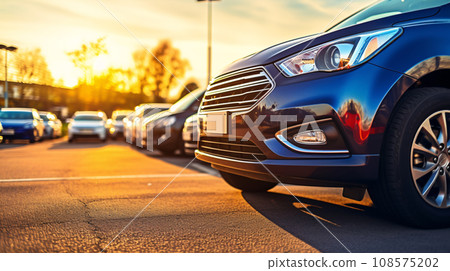 Car parked at outdoor parking lot. Used car for sale and rental service. Car insurance background. Automobile parking area. Car dealership and dealer agent concept. Automotive industry. Generative AI. 108575202