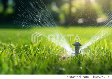 Automatic lawn sprinkler watering green grass. Sprinkler with automatic system. Garden irrigation system watering lawn. Water saving or water conservation from sprinkler system. Generative AI. 108575203