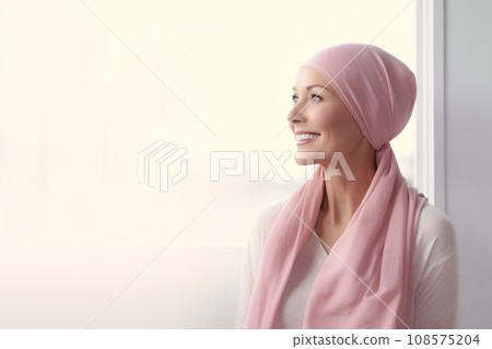 Happy cancer patient. Smiling woman after chemotherapy treatment at hospital oncology department. Breast cancer recovery. Breast cancer survivor. Portrait smiling bald woman with a pink headscarf. 108575204