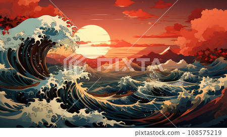 Generative ai illustration of Japanese ocean wave graphic 108575219