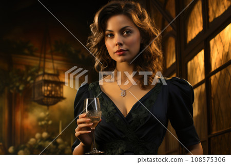 Generative ai illustration of woman standing with a glass of champagne 108575306