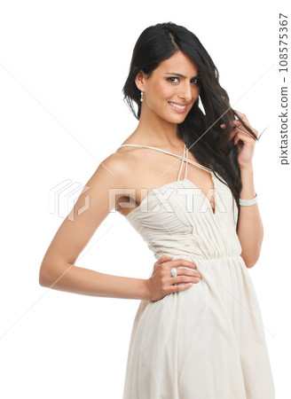 Portrait, confidence and happy woman in dress for fashion in studio isolated on a white background. Smile, model and beauty of person in formal clothes, elegant and style for party or event in Brazil 108575367