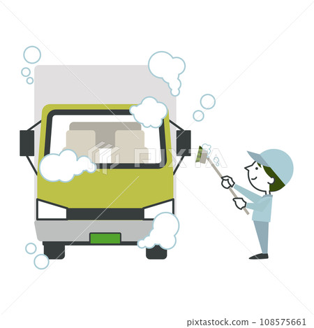 A male truck driver washing his truck with a brush 108575661