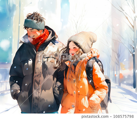 一對年輕夫妻漫步在冰雪覆蓋的城市 108575798