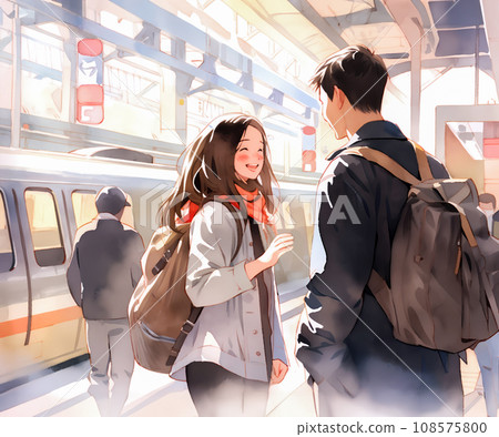 一對年輕夫婦在月台上愉快地交談 108575800