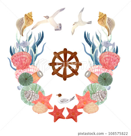 Watercolor fun sea life frame isolated on white 108575822