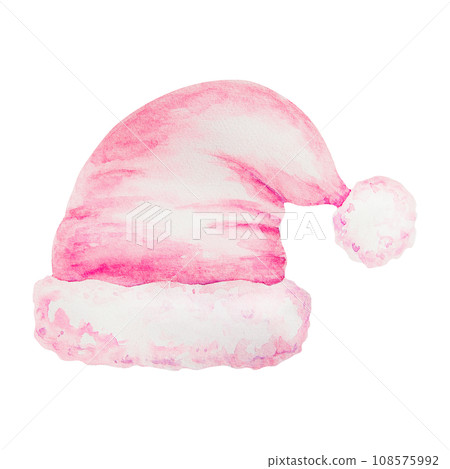 Watercolor Santa Claus pink hat. Christmas accessory. Hand drawn winter illustration, symbol of new year holiday for greeting card, party invitations, posters, greetings, stories, notebooks, stickers Watercolor Santa Claus pink hat. Christmas accessory. Hand drawn winter illustration, symbol of new year holiday for greeting card, party invitations, posters, greetings, stories, notebooks, stickers 108575992