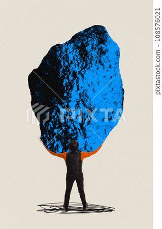 Businessman holding giant stone symbolizing overcoming difficulties and working his way to success. Contemporary art collage. Business, office Businessman holding giant stone symbolizing overcoming difficulties and working his way to success. Contemporary art collage. Business, office 108576021