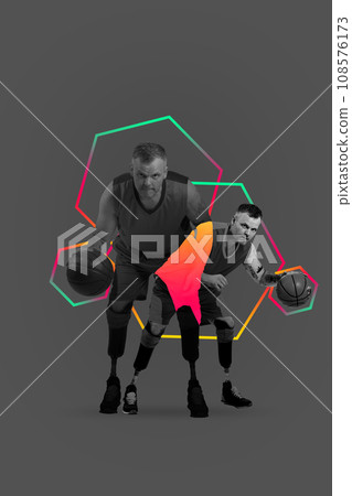 Poster. Contemporary art collage. Modern creative artwork. Young man in monochrome filter dribble ball. Poster. Contemporary art collage. Modern creative artwork. Young man in monochrome filter dribble ball. 108576173