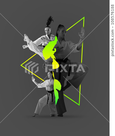 Poster. Contemporary art collage. Modern creative artwork. Professional sportsman, woman in uniform performing kicks. Poster. Contemporary art collage. Modern creative artwork. Professional sportsman, woman in uniform performing kicks. 108576188