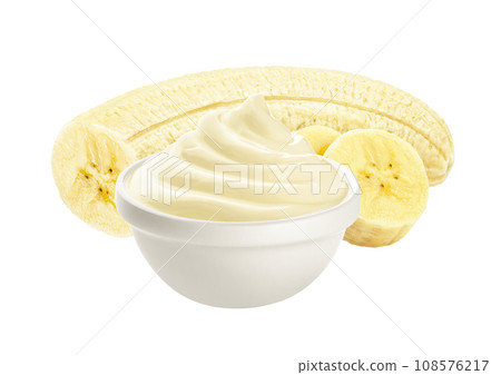 Banana yogurt in bowl isolated on white background 108576217