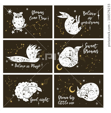 posters or cards with star animals and lettering. Vector graphics. 108576233