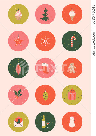Christmas colored circles with various items.Vector graphics. 108576243