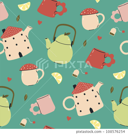 Seamless pattern with cute cups and teapots. Vector graphics. 108576254