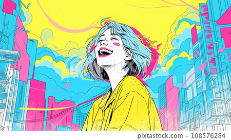 城市中一位微笑的女士的流行插圖 AI 生成的圖像 108576284