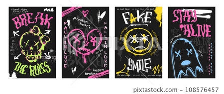 Graffiti poster with spray paint skull, heart sign, ghost, smiling face emoji. Graffiti poster with spray paint skull, heart sign, ghost, smiling face emoji. 108576457