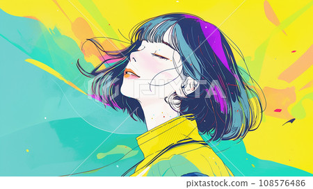 Pop illustration of a woman looking up and closing her eyes. AI-generated image Pop illustration of a woman looking up and closing her eyes. AI-generated image 108576486