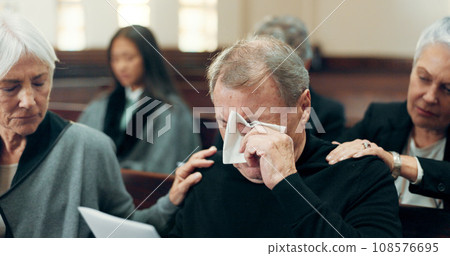 Sad, funeral and elderly man crying in church for God, holy spirit or religion in Christian community cathedral. Tissue, grief or support for upset senior person in chapel for emotional pain and loss Sad, funeral and elderly man crying in church for God, holy spirit or religion in Christian community cathedral. Tissue, grief or support for upset senior person in chapel for emotional pain and loss 108576695