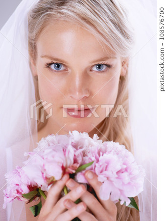 Portrait, woman and bride with a bouquet, celebration and happiness with event, excited and smile. Face, person and girl with flowers, wedding and marriage with plants, beauty and commitment with joy Portrait, woman and bride with a bouquet, celebration and happiness with event, excited and smile. Face, person and girl with flowers, wedding and marriage with plants, beauty and commitment with joy 108576700