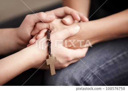 Holding hands, prayer together with beads and help for religion, trust and spiritual hope. Support, counseling and people in Christian meeting for faith, worship or empathy with rosary, cross and God Holding hands, prayer together with beads and help for religion, trust and spiritual hope. Support, counseling and people in Christian meeting for faith, worship or empathy with rosary, cross and God 108576750