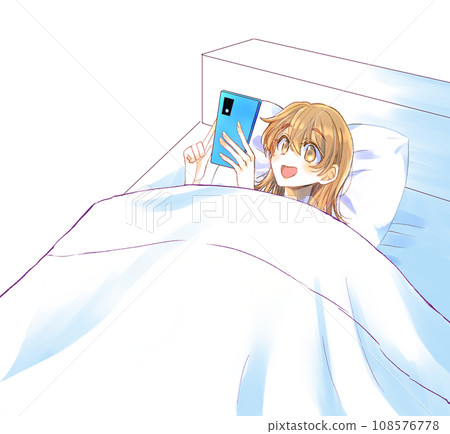 A woman smiling while looking at her smartphone in bed 108576778