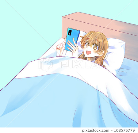 A woman smiling while looking at her smartphone in bed 108576779