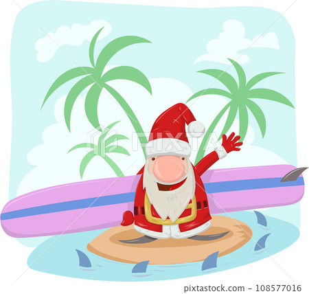 santa claus surfer cartoon on summer background. vector illustration 108577016