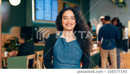 Portrait, happy woman and waitress in coffee shop, store or restaurant for retail service. Face, smile or barista in cafe, worker and employee in apron, entrepreneur or small business owner in Mexico 108577143