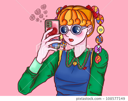 Girl taking a selfie with a cell phone, pink background 108577149