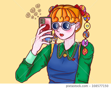 Girl taking a selfie with a cell phone, yellow background 108577150