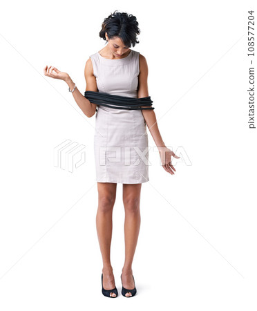 Woman, corporate and slavery with rope for white background in studio for mock up in New York. African person, professional or hostage in business, bound and tied up for silence of work conspiracy Woman, corporate and slavery with rope for white background in studio for mock up in New York. African person, professional or hostage in business, bound and tied up for silence of work conspiracy 108577204