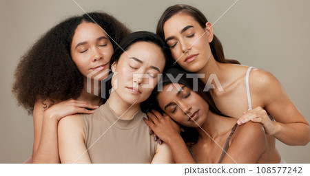 Diversity, beauty and women, portrait and cosmetics with wellness, dermatology and glow on studio background. Different skin, unique and inclusion with model group in a studio, skincare and face Diversity, beauty and women, portrait and cosmetics with wellness, dermatology and glow on studio background. Different skin, unique and inclusion with model group in a studio, skincare and face 108577242