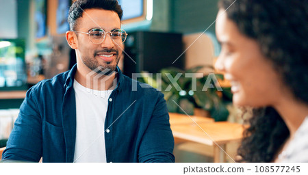Man, glasses and dating with smile in coffee shop with girlfriend for lunch, food or bond. Mexican person, happy or excited for conversation, story or listen for quality, time or care in relationship Man, glasses and dating with smile in coffee shop with girlfriend for lunch, food or bond. Mexican person, happy or excited for conversation, story or listen for quality, time or care in relationship 108577245