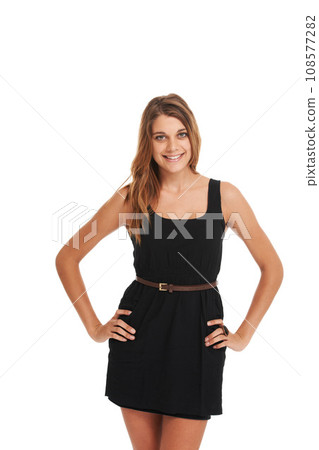Woman, smile or hands hip pose studio for fashion outfit advertising, branding promotion or beauty magazine promo. female model person, portrait or happy emoji face, runway or clothes style confident 108577282