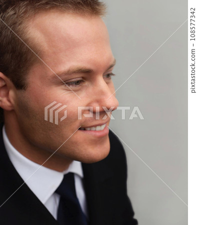 Business man, closeup and smile in profile with thinking, vision and suit for corporate legal knowledge. Happy attorney, advocate and lawyer with idea, decision or choice with solution for compliance Business man, closeup and smile in profile with thinking, vision and suit for corporate legal knowledge. Happy attorney, advocate and lawyer with idea, decision or choice with solution for compliance 108577342