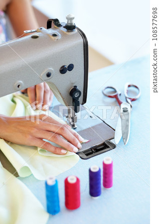 Sewing machine, clothes and hands for tailor service, fashion designer and dressmaker workshop. Boutique startup, small business and person with fabric, material and textiles for stitching clothing 108577698