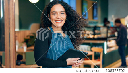 Coffee shop, woman and business owner on tablet for restaurant sales, online management or customer service at door. Portrait of entrepreneur, waitress or barista on digital technology at trendy cafe 108577702