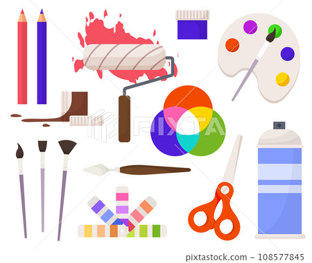Set of art making tools including brushes, pallets, palettes, easel and canvas flat design illustration, in the style of colorful figures, wood sculptor, impressionist colorism. Artists tools set 108577845