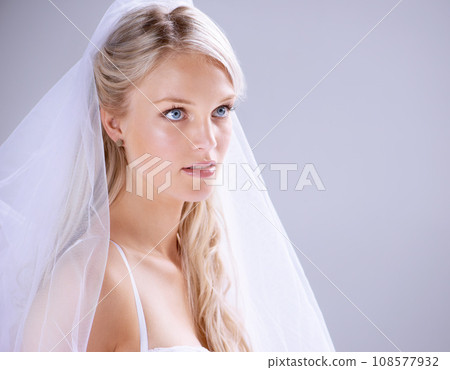 Thinking, bride and woman with beauty, underwear and celebration on a white studio background. Stylish, person or model with mockup space, wedding and marriage with girl, veil or commitment with idea Thinking, bride and woman with beauty, underwear and celebration on a white studio background. Stylish, person or model with mockup space, wedding and marriage with girl, veil or commitment with idea 108577932
