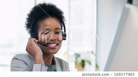 Black woman, call center and smile by computer for telemarketing, customer service or support at the office. Portrait of African female consultant smiling with headset for marketing, help or advice 108577965