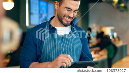 Cafe, happy man and barista on tablet of restaurant sales, online management or customer service reviews. Entrepreneur, waiter or small business owner reading digital technology for coffee shop data 108578017