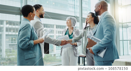Business people, handshake and meeting in b2b, deal or agreement for teamwork or growth at office. Businessman shaking hands with woman in recruiting for team introduction, greeting or partnership 108578150