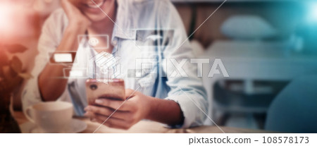 Woman, phone or networking hologram on app, iot website or futuristic software in cafe, coffee shop or restaurant. 3d abstract, digital transformation or mobile technology for happy or relax customer 108578173