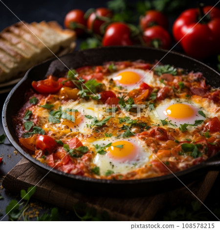 egg fried tomato shakshuk breakfast eggs vegetable meal food snack on the table egg fried tomato shakshuk breakfast eggs vegetable meal food snack on the table 108578215