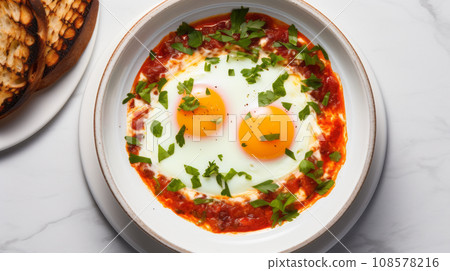 Homemade spicy shakshuka with eggs close up Homemade spicy shakshuka with eggs close up 108578216