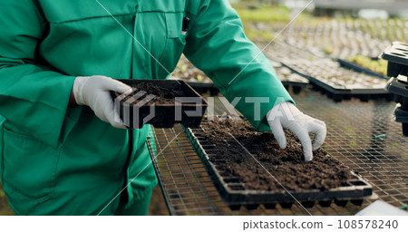 Farmer, hands and compost in garden, sustainable farming and worker for agriculture, gardening and growth. Soil blocking, ecology and organic products for eco friendly, plants and food production 108578240