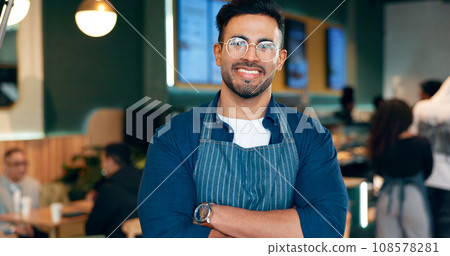 Waiter, man and portrait with arms crossed or smile for service, welcome or server in coffee shop. Barista, person and face with happiness for hospitality, career or confidence in restaurant or cafe Waiter, man and portrait with arms crossed or smile for service, welcome or server in coffee shop. Barista, person and face with happiness for hospitality, career or confidence in restaurant or cafe 108578281
